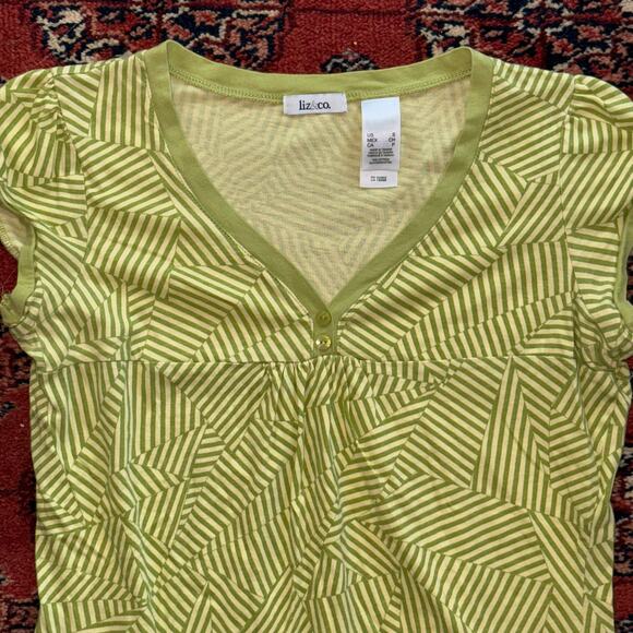 LIZ & Co. S Yellow/Green Striped Pattern Stretch Knit Cap Sleeve Top PRISTINE - Picture 2 of 4